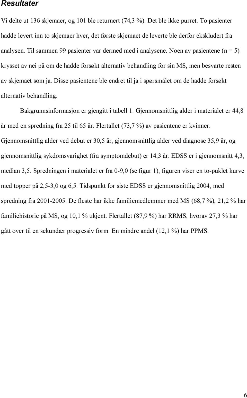 Noen av pasientene (n = 5) krysset av nei på om de hadde forsøkt alternativ behandling for sin MS, men besvarte resten av skjemaet som ja.