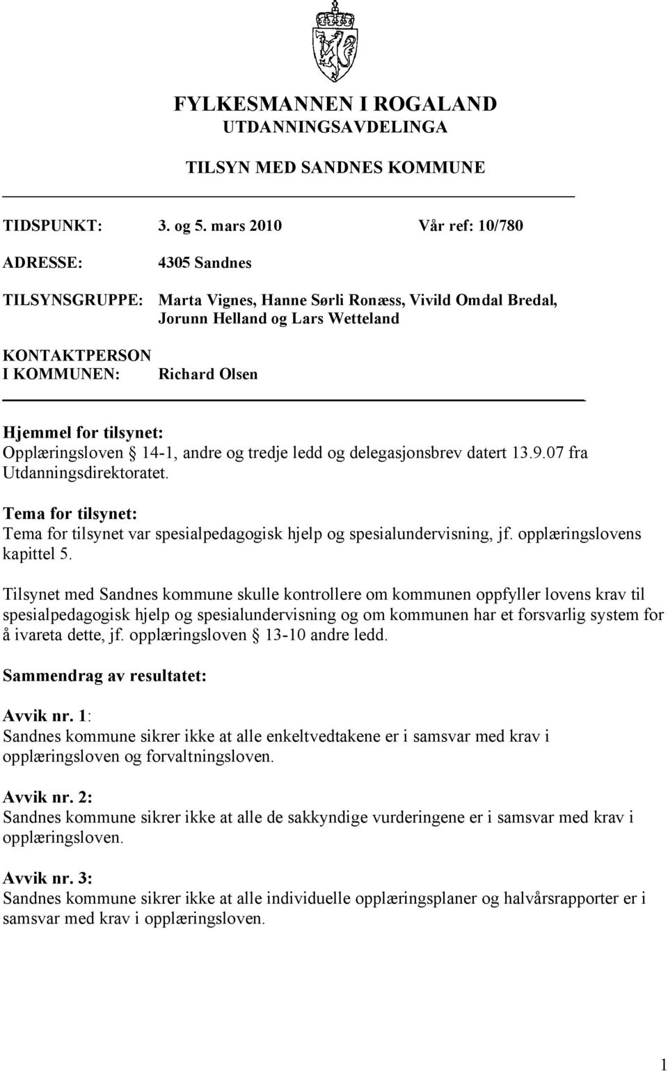 for tilsynet: Opplæringsloven 14-1, andre og tredje ledd og delegasjonsbrev datert 13.9.07 fra Utdanningsdirektoratet.