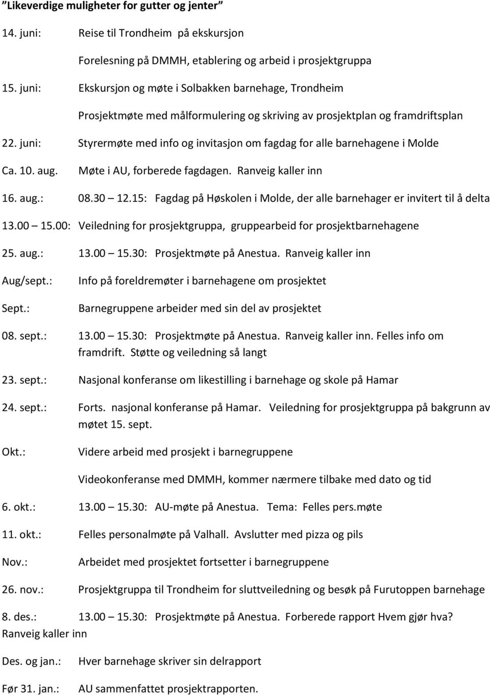 juni: Styrermøte med info og invitasjon om fagdag for alle barnehagene i Molde Ca. 10. aug. Møte i AU, forberede fagdagen. Ranveig kaller inn 16. aug.: 08.30 12.