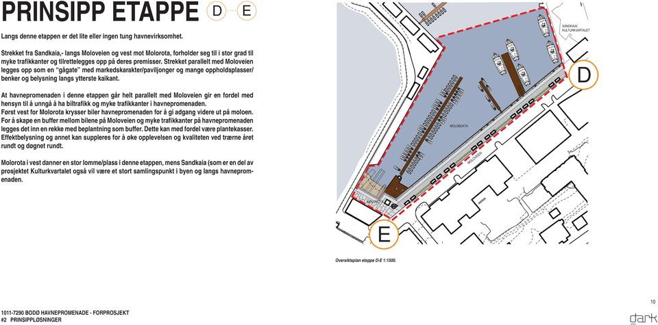 Strekket parallelt med Moloveien legges opp som en gågate med markedskarakter/paviljonger og mange oppholdsplasser/ benker og belysning langs ytterste kaikant.