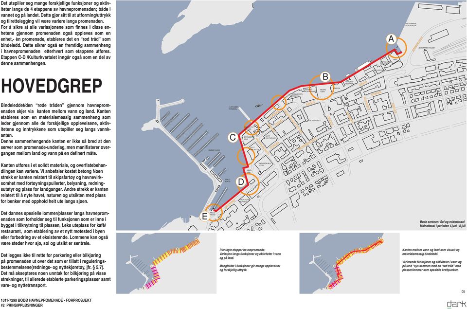 For å sikre at alle variasjonene som finnes i disse enhetene gjennom promenaden også oppleves som en enhet,- èn promenade, etableres det en rød tråd som bindeledd.