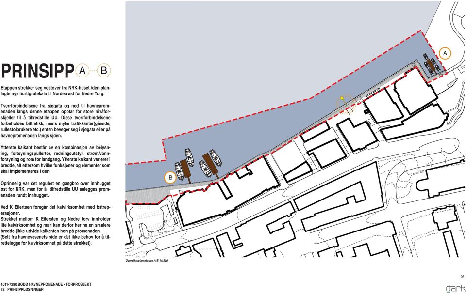 Disse tverrforbindelsene forbeholdes biltrafikk, mens myke trafikkanter(gående, rullestolbrukere etc.) enten beveger seg i sjøgata eller på havnepromenaden langs sjøen.