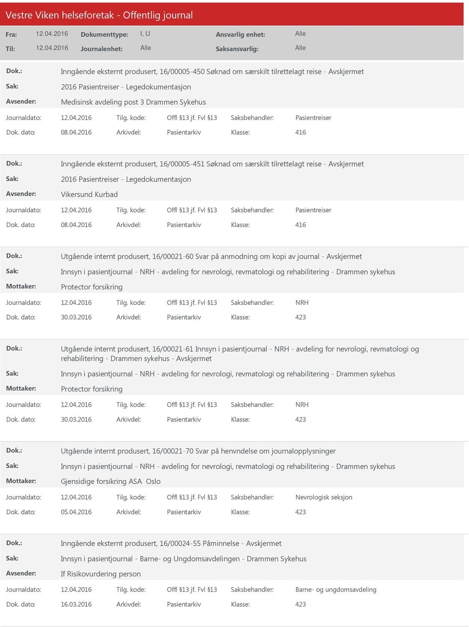 04.2016 Arkivdel: Pasientarkiv 416 tgående internt produsert, 16/00021-60 Svar på anmodning om kopi av journal - Innsyn i pasientjournal - NRH - avdeling for nevrologi, revmatologi og rehabilitering