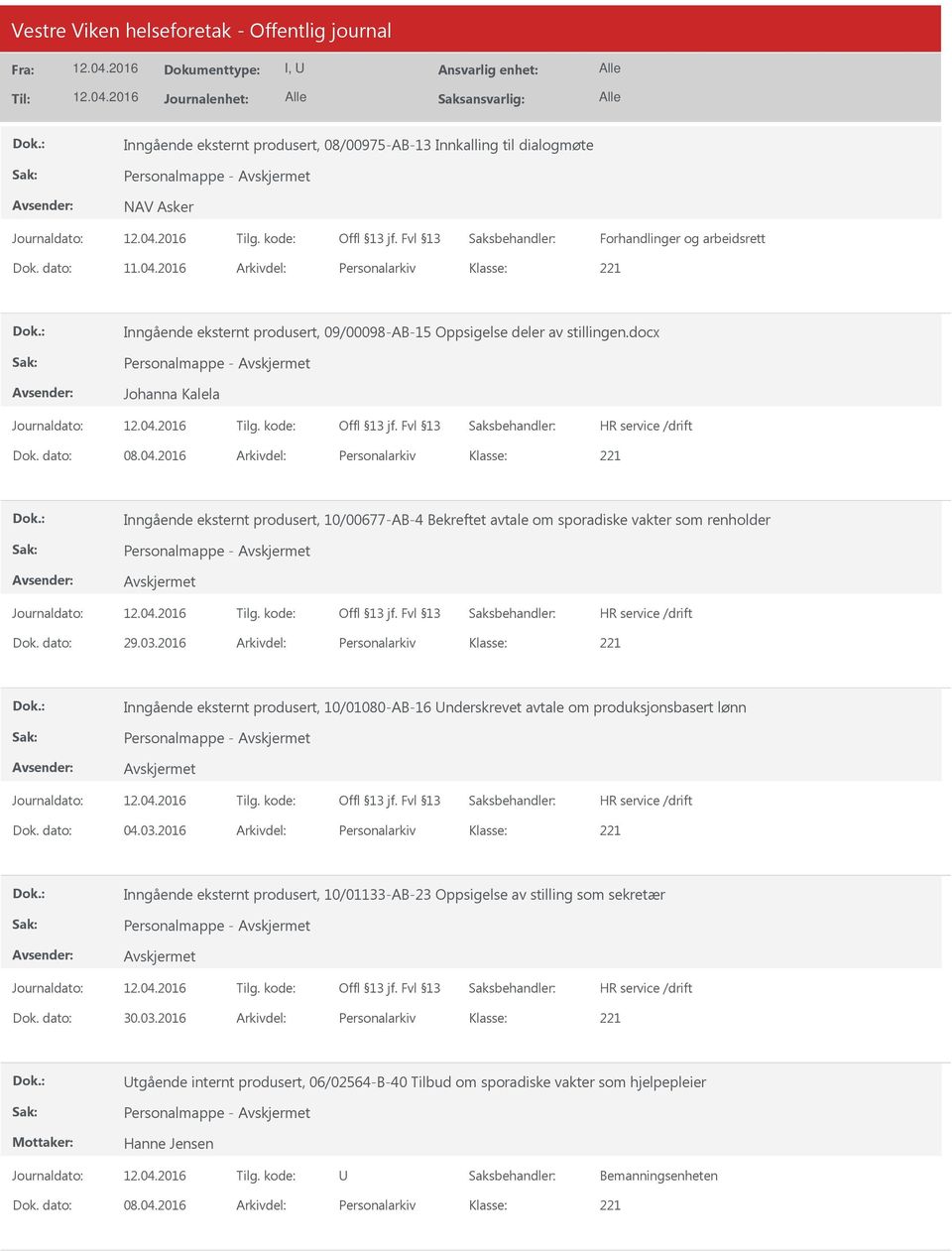 2016 Arkivdel: Personalarkiv Inngående eksternt produsert, 10/00677-AB-4 Bekreftet avtale om sporadiske vakter som renholder Personalmappe - Dok. dato: 29.03.