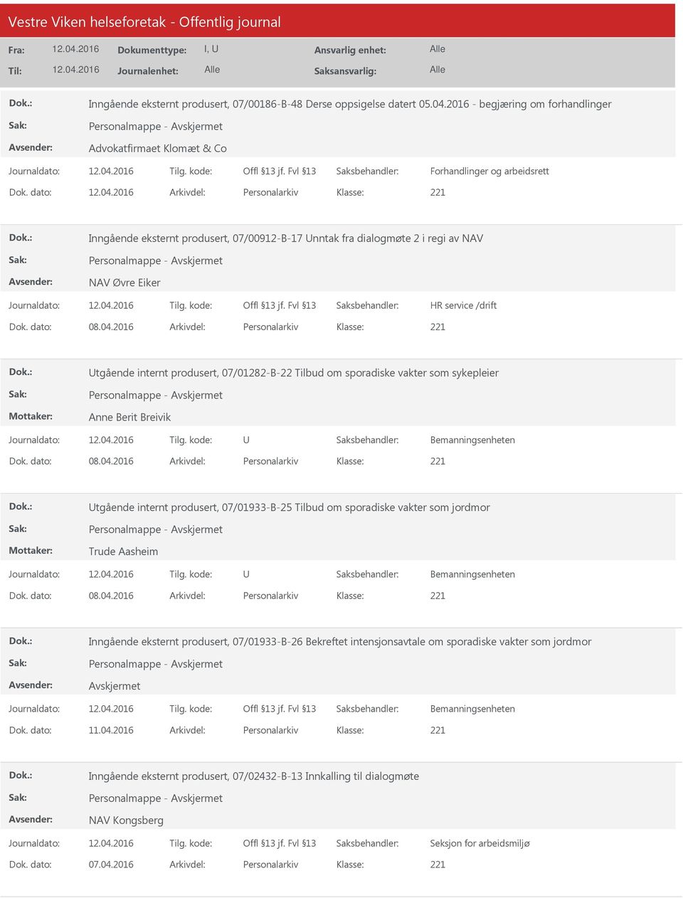 2016 Arkivdel: Personalarkiv tgående internt produsert, 07/01282-B-22 Tilbud om sporadiske vakter som sykepleier Personalmappe - Anne Berit Breivik Bemanningsenheten Dok. dato: 08.04.