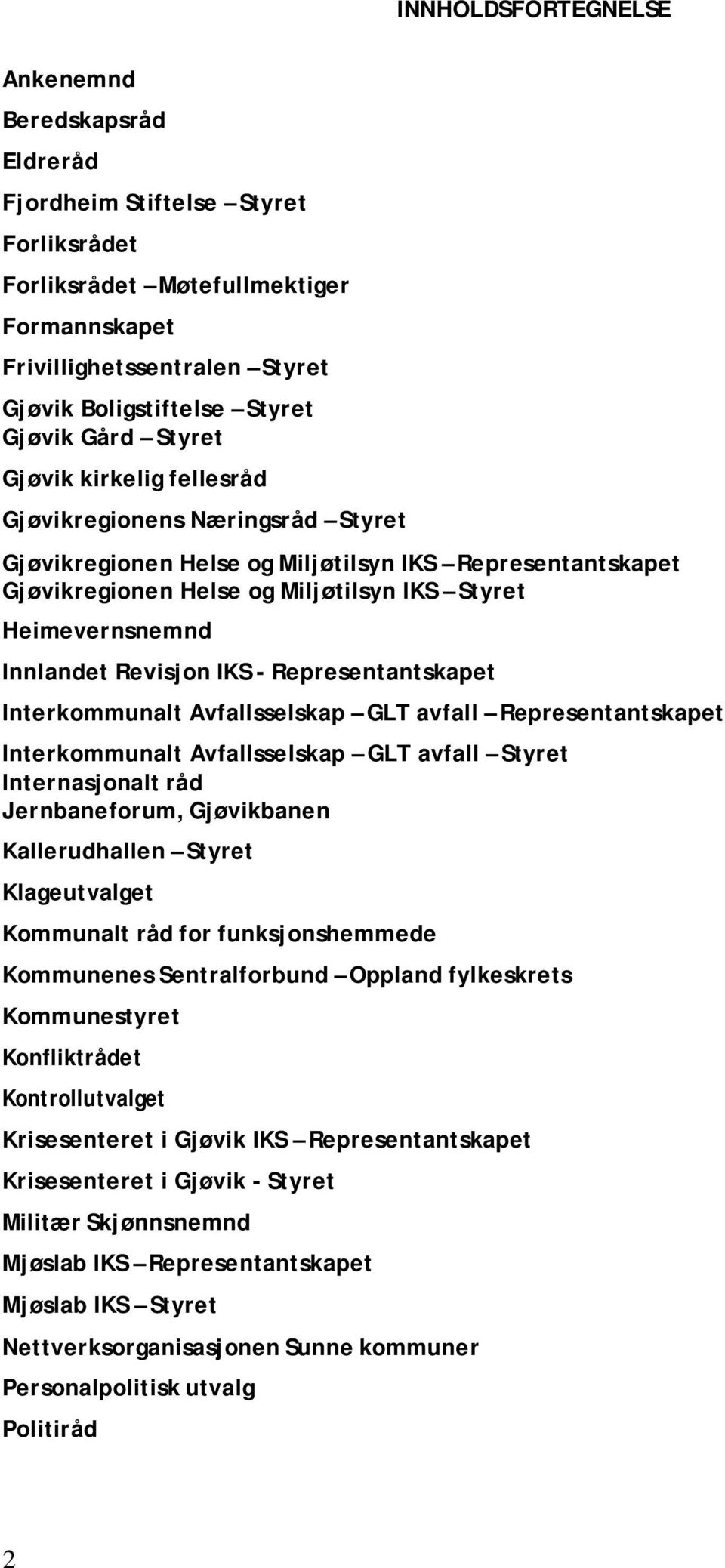 Heimevernsnemnd Innlandet Revisjon IKS - Representantskapet Interkommunalt Avfallsselskap GLT avfall Representantskapet Interkommunalt Avfallsselskap GLT avfall Styret Internasjonalt råd