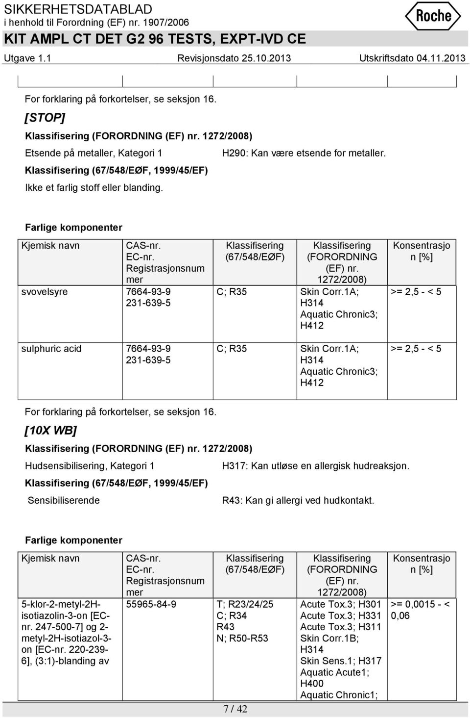 Registrasjonsnum mer svovelsyre 7664-93-9 231-639-5 sulphuric acid 7664-93-9 231-639-5 Klassifisering (67/548/EØF) Klassifisering (FORORDNING (EF) nr. 1272/2008) C; R35 Skin Corr.