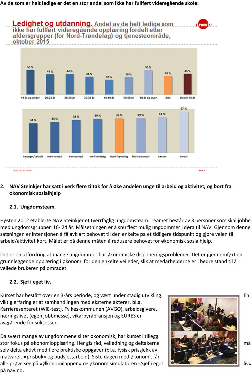 Høsten 2012 etablerte NAV Steinkjer et tverrfaglig ungdomsteam. Teamet består av 3 personer som skal jobbe med ungdomsgruppen 16-24 år. Målsetningen er å snu flest mulig ungdommer i døra til NAV.