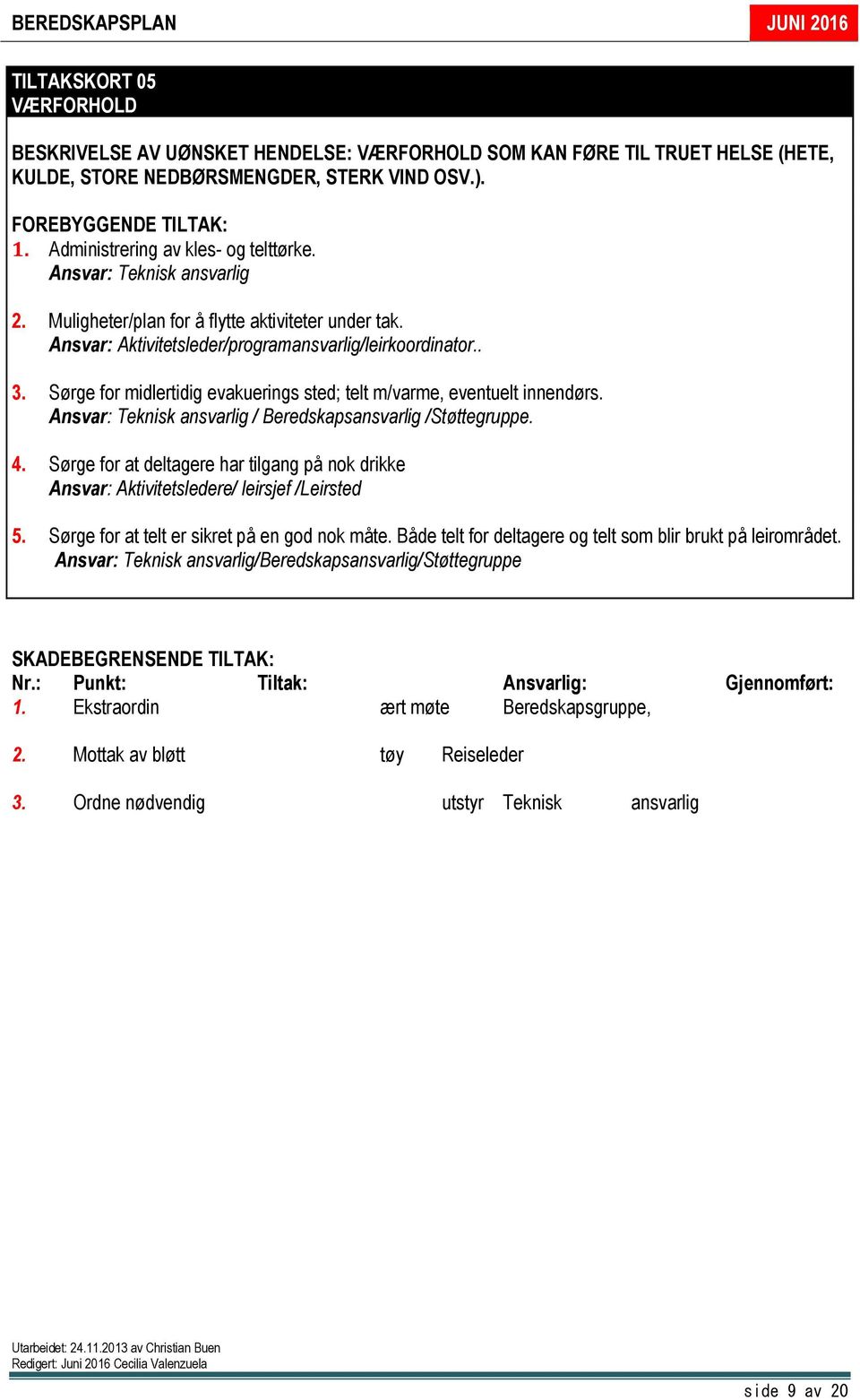 Sørge for midlertidig evakuerings sted; telt m/varme, eventuelt innendørs. Ansvar: Teknisk ansvarlig / Beredskapsansvarlig /Støttegruppe. 4.