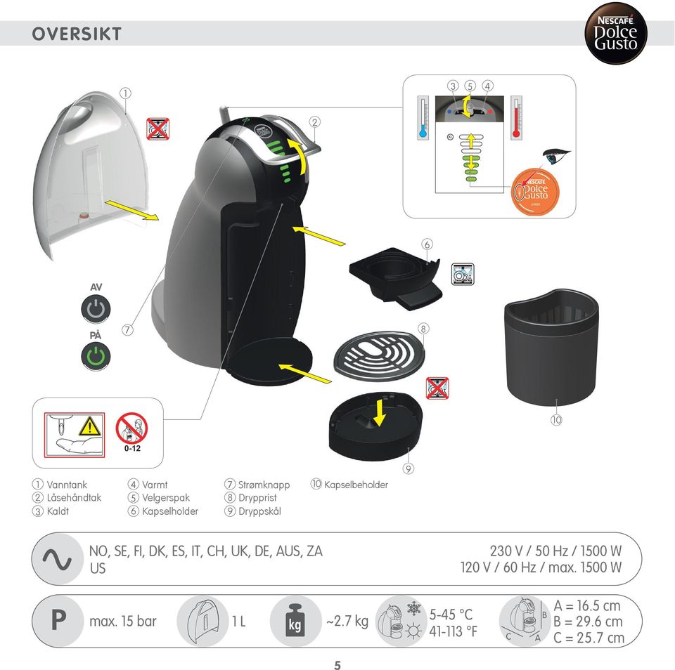 Dryppskål 9 NO, SE, FI, DK, ES, IT, CH, UK, DE, AUS, ZA US 0 V / 50 Hz / 500 W 0 V