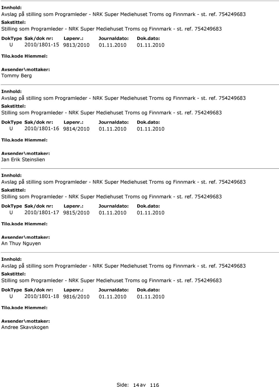 754249683 2010/1801-15 9813/2010 Tommy Berg   754249683 2010/1801-16 9814/2010 Jan Erik Steinslien   754249683 2010/1801-17 9815/2010 An Thuy Nguyen   754249683 2010/1801-18 9816/2010 Andree