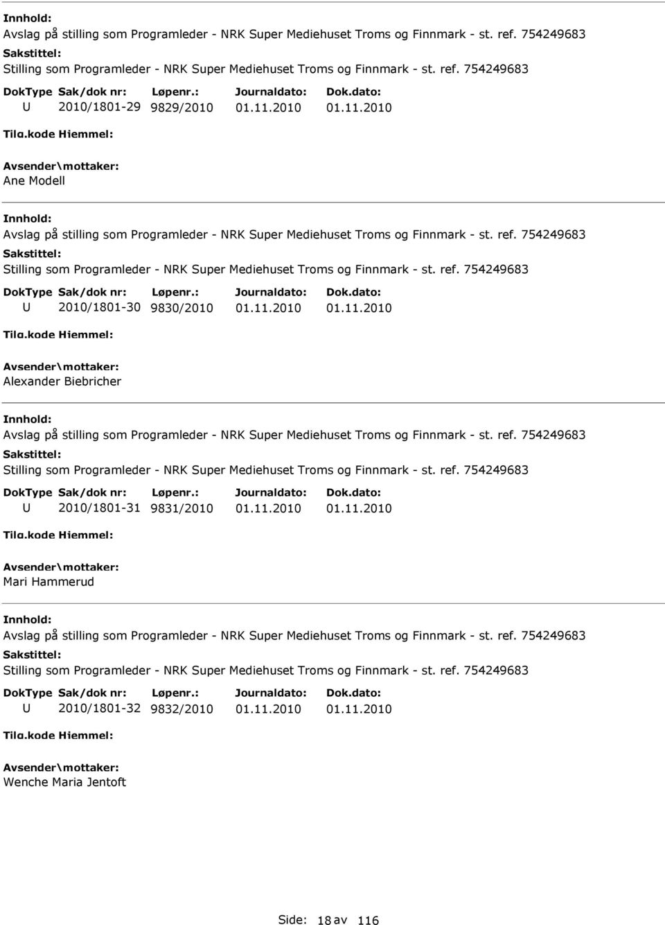 754249683 2010/1801-29 9829/2010 Ane Modell   754249683 2010/1801-30 9830/2010 Alexander Biebricher   754249683 2010/1801-31 9831/2010 Mari Hammerud   754249683 2010/1801-32 9832/2010 Wenche Maria