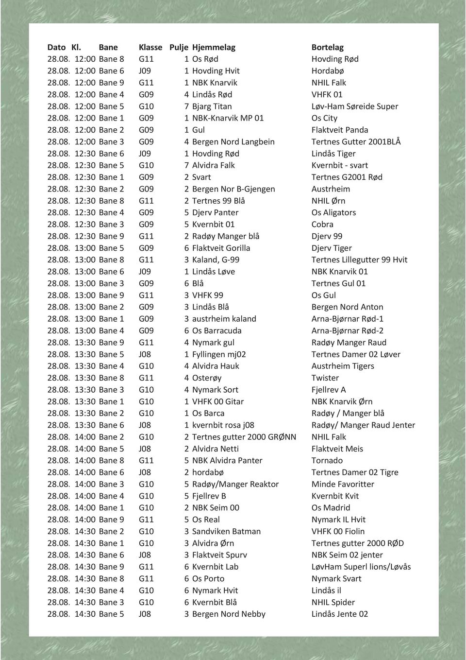 08. 12:30 Bane 6 J09 1 Hovding Rød Lindås Tiger 28.08. 12:30 Bane 5 G10 7 Alvidra Falk Kvernbit svart 28.08. 12:30 Bane 1 G09 2 Svart Tertnes G2001 Rød 28.08. 12:30 Bane 2 G09 2 Bergen Nor B Gjengen Austrheim 28.