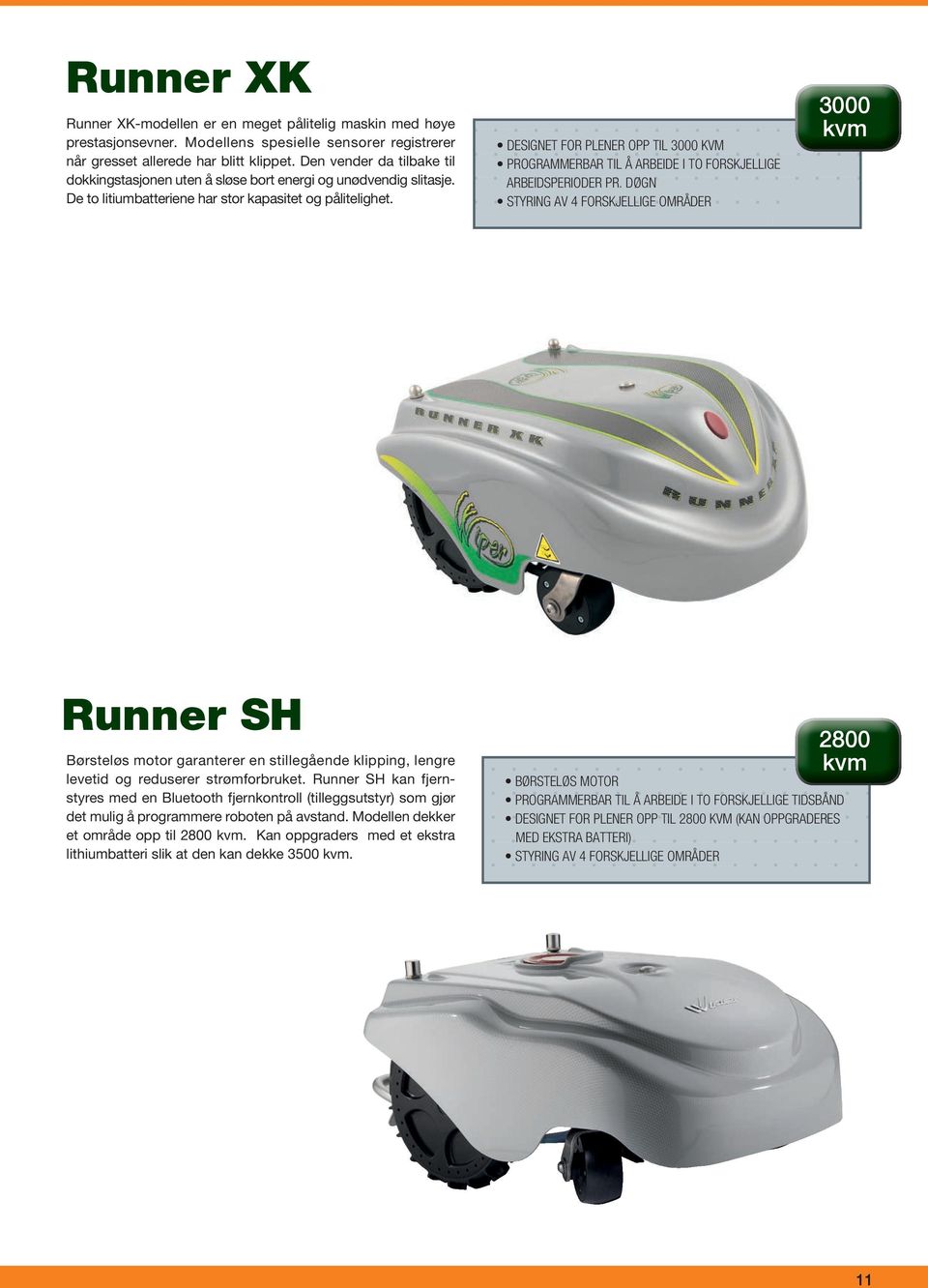 FORSKJELLIGE ARBEIDSPERIODER PR DØGN STYRING AV 4 FORSKJELLIGE OMRÅDER 3000 Runner SH Børsteløs motor garanterer en stillegående klipping, lengre levetid og reduserer strømforbruket Runner SH kan