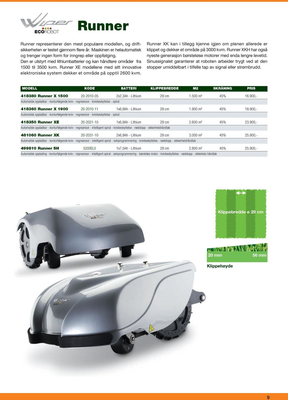 allerede er klippet og dekker et område på 3000 Runner XKH har også nyeste generasjon børsteløse motorer med enda lengre levetid Sinussignalet garanterer at roboten arbeider trygt ved at den stopper