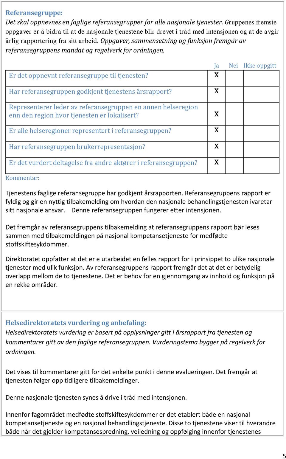 Oppgaver, sammensetning og funksjon fremgår av referansegruppens mandat og regelverk for ordningen. Er det oppnevnt referansegruppe til tjenesten? Har referansegruppen godkjent tjenestens årsrapport?