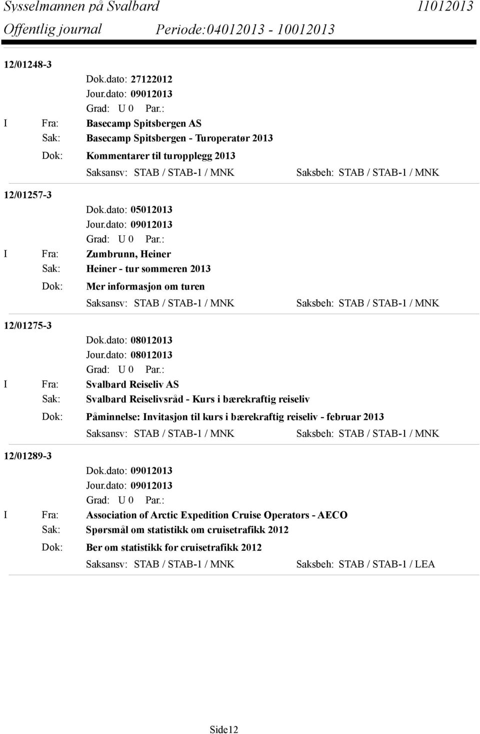 Reiselivsråd - Kurs i bærekraftig reiseliv Dok: Påminnelse: Invitasjon til kurs i bærekraftig reiseliv - februar 2013 12/01289-3 I Fra: Association of Arctic