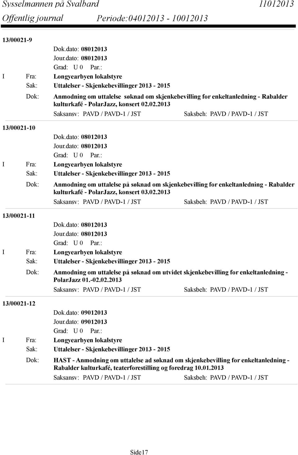 02.2013 13/00021-10 I Fra: Longyearbyen lokalstyre Sak: Uttalelser - Skjenkebevillinger 2013-2015 Dok: Anmodning om uttalelse på søknad om skjenkebevilling for enkeltanledning - Rabalder kulturkafé -