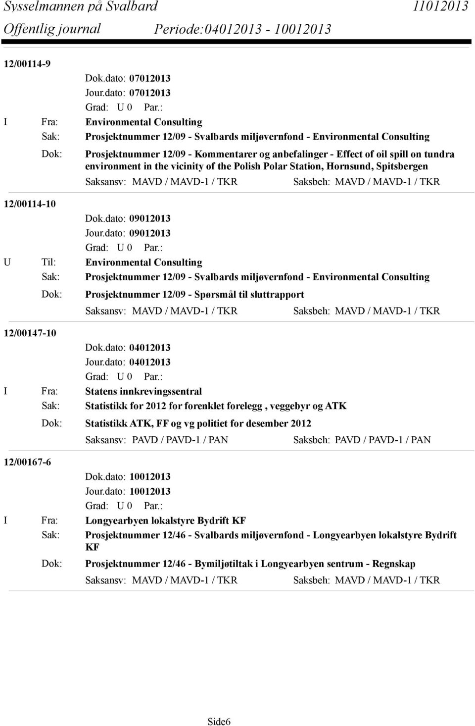 spill on tundra environment in the vicinity of the Polish Polar Station, Hornsund, Spitsbergen Saksansv: MAVD / MAVD-1 / TKR Saksbeh: MAVD / MAVD-1 / TKR 12/00114-10 U Til: Environmental Consulting