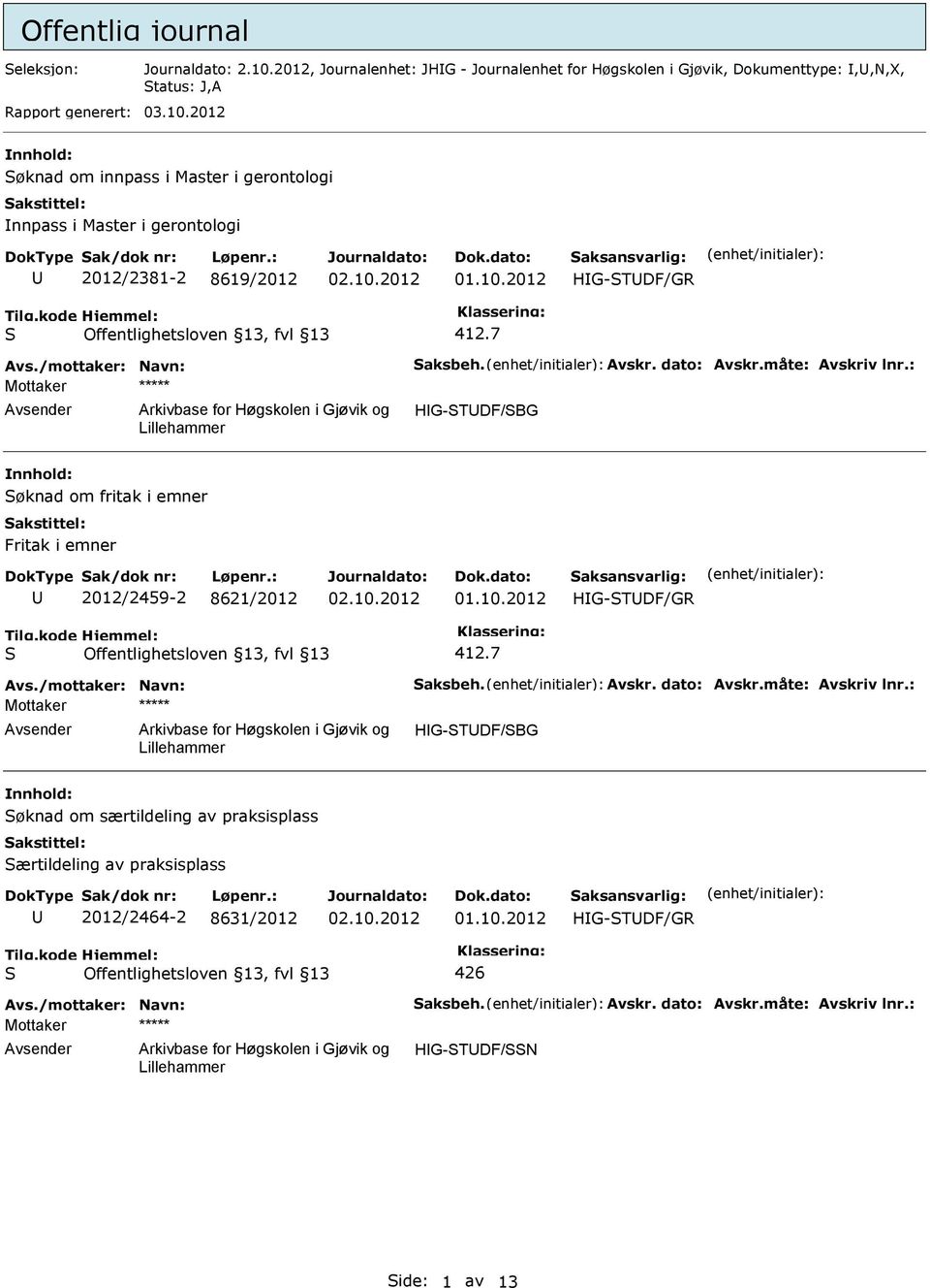 2012 øknad om innpass i Master i gerontologi nnpass i Master i gerontologi 2012/2381-2 8619/2012 412.