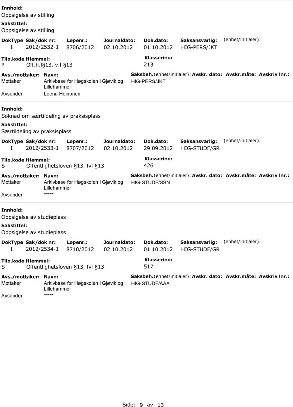 praksisplass 2012/2533-1 8707/2012 29.09.