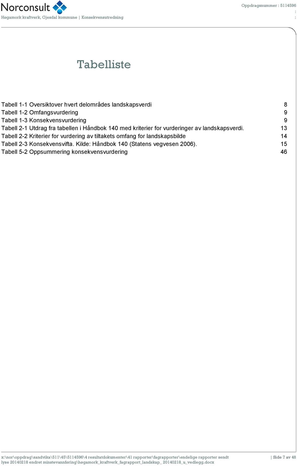 13 Tabell 2-2 Kriterier for vurdering av tiltakets omfang for landskapsbilde 14 Tabell 2-3 Konsekvensvifta. Kilde Håndbok 140 (Statens vegvesen 2006).