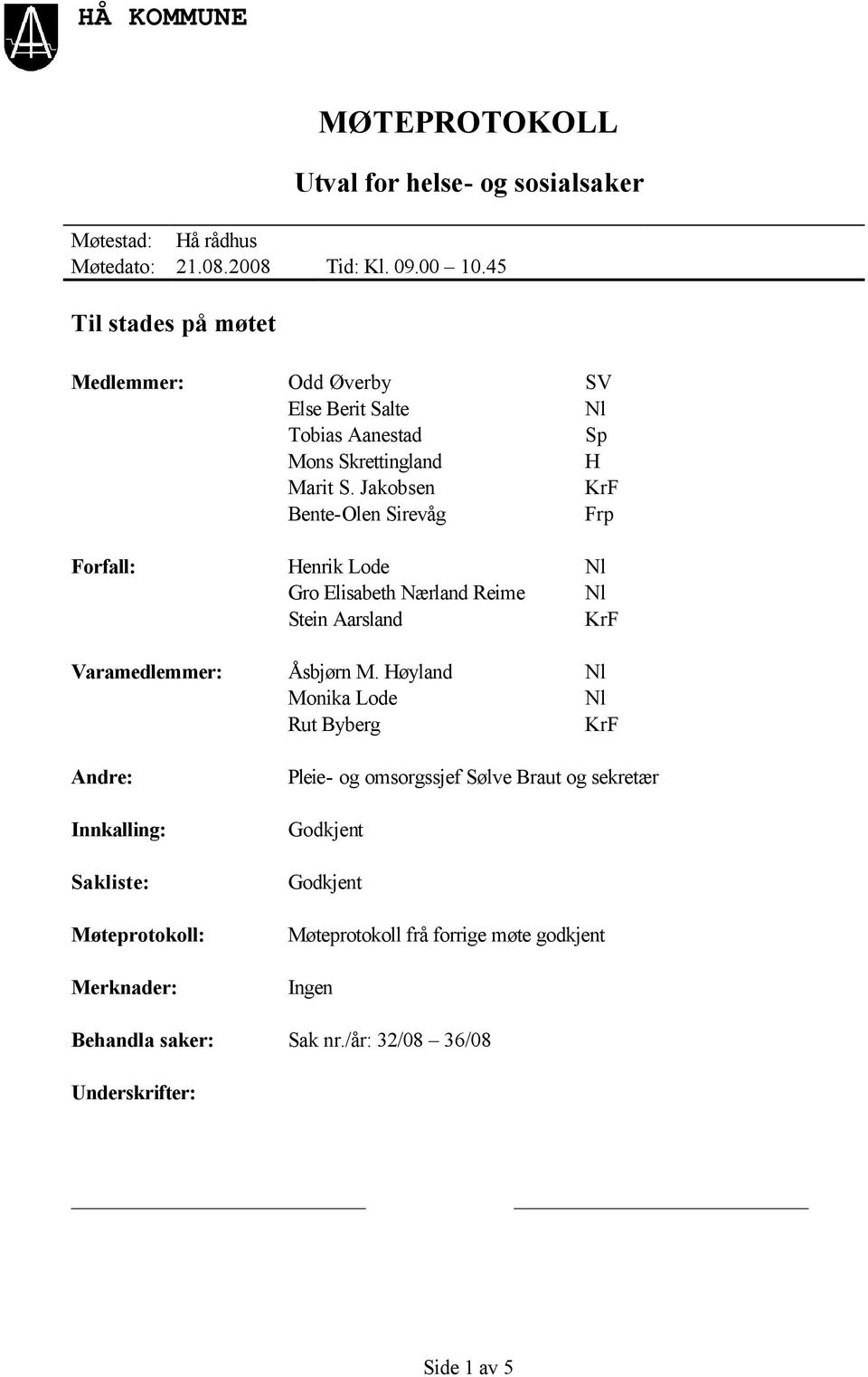 Jakobsen Bente-Olen Sirevåg Henrik Lode Gro Elisabeth Nærland Reime Stein Aarsland Åsbjørn M.