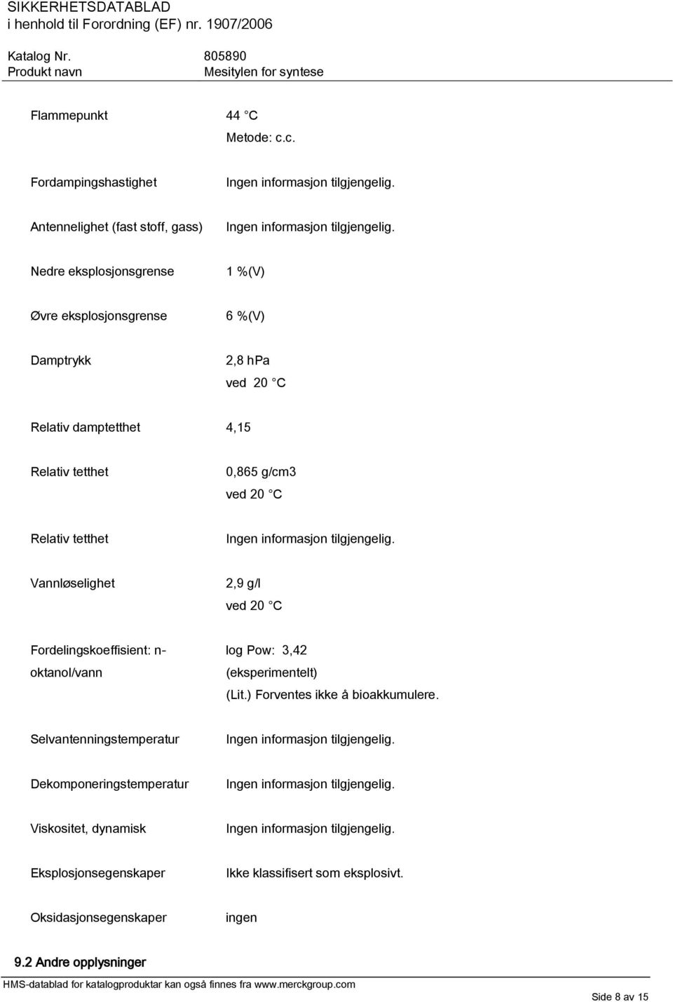 Relativ damptetthet 4,15 Relativ tetthet 0,865 g/cm3 ved 20 C Relativ tetthet Vannløselighet 2,9 g/l ved 20 C Fordelingskoeffisient: n-