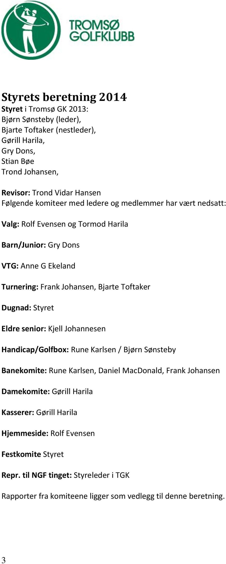 Bjarte Toftaker Dugnad: Styret Eldre senior: Kjell Johannesen Handicap/Golfbox: Rune Karlsen / Bjørn Sønsteby Banekomite: Rune Karlsen, Daniel MacDonald, Frank Johansen