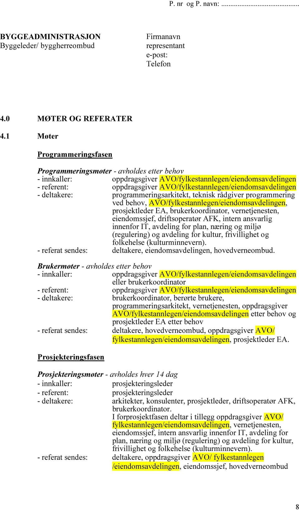 AVO/fylkestannlegen/eiendomsavdelingen - deltakere: programmeringsarkitekt, teknisk rådgiver programmering ved behov, AVO/fylkestannlegen/eiendomsavdelingen, prosjektleder EA, brukerkoordinator,