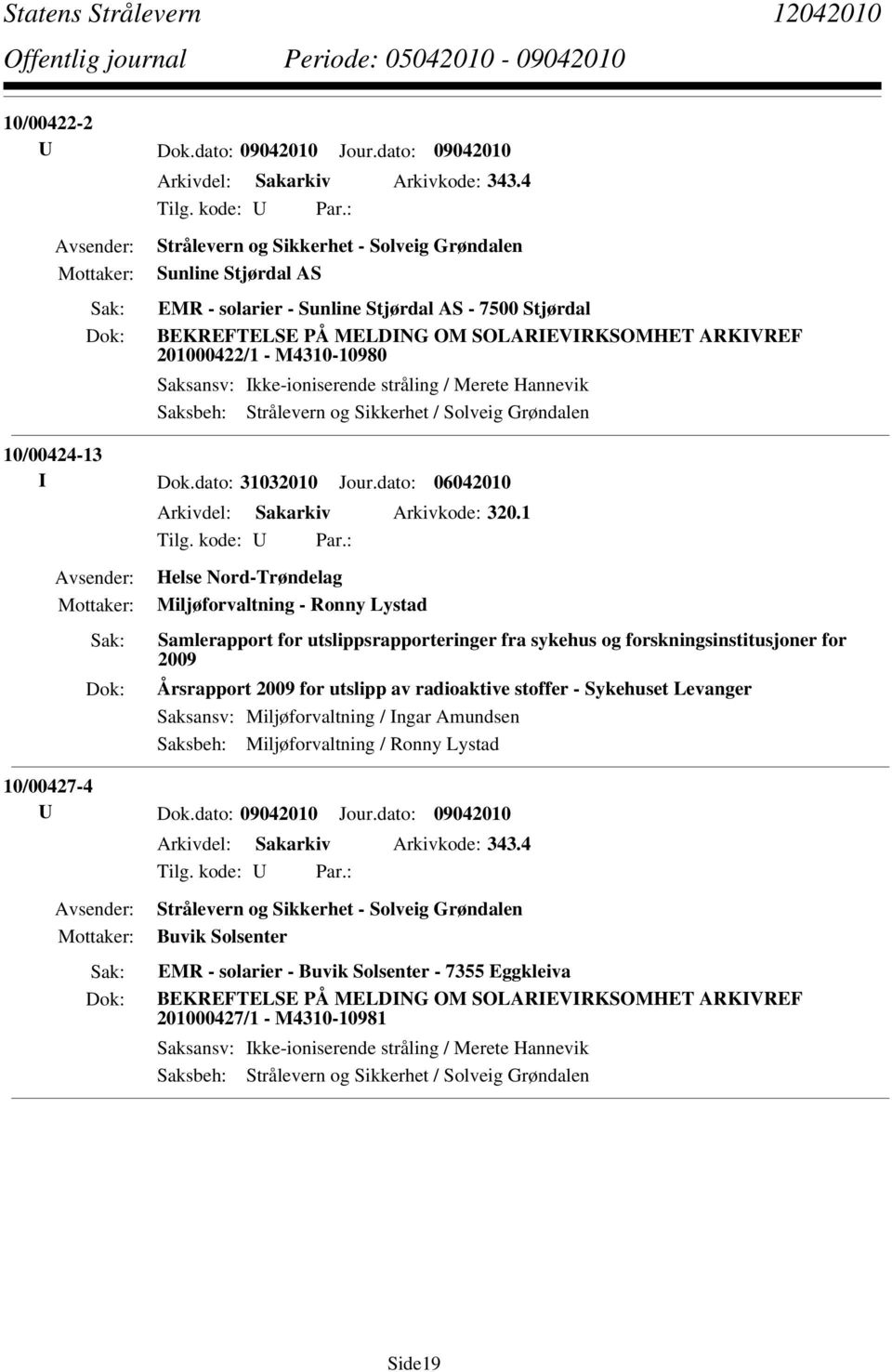 1 Helse Nord-Trøndelag Miljøforvaltning - Ronny Lystad Samlerapport for utslippsrapporteringer fra sykehus og forskningsinstitusjoner for 2009 Årsrapport 2009 for utslipp av