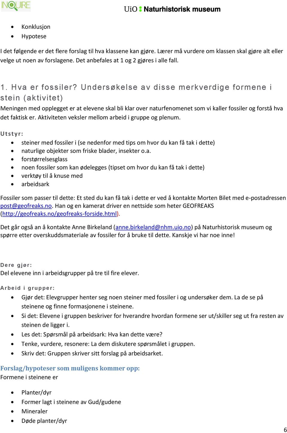 Undersøkelse av disse merkverdige formene i stein (aktivitet) Meningen med opplegget er at elevene skal bli klar over naturfenomenet som vi kaller fossiler og forstå hva det faktisk er.