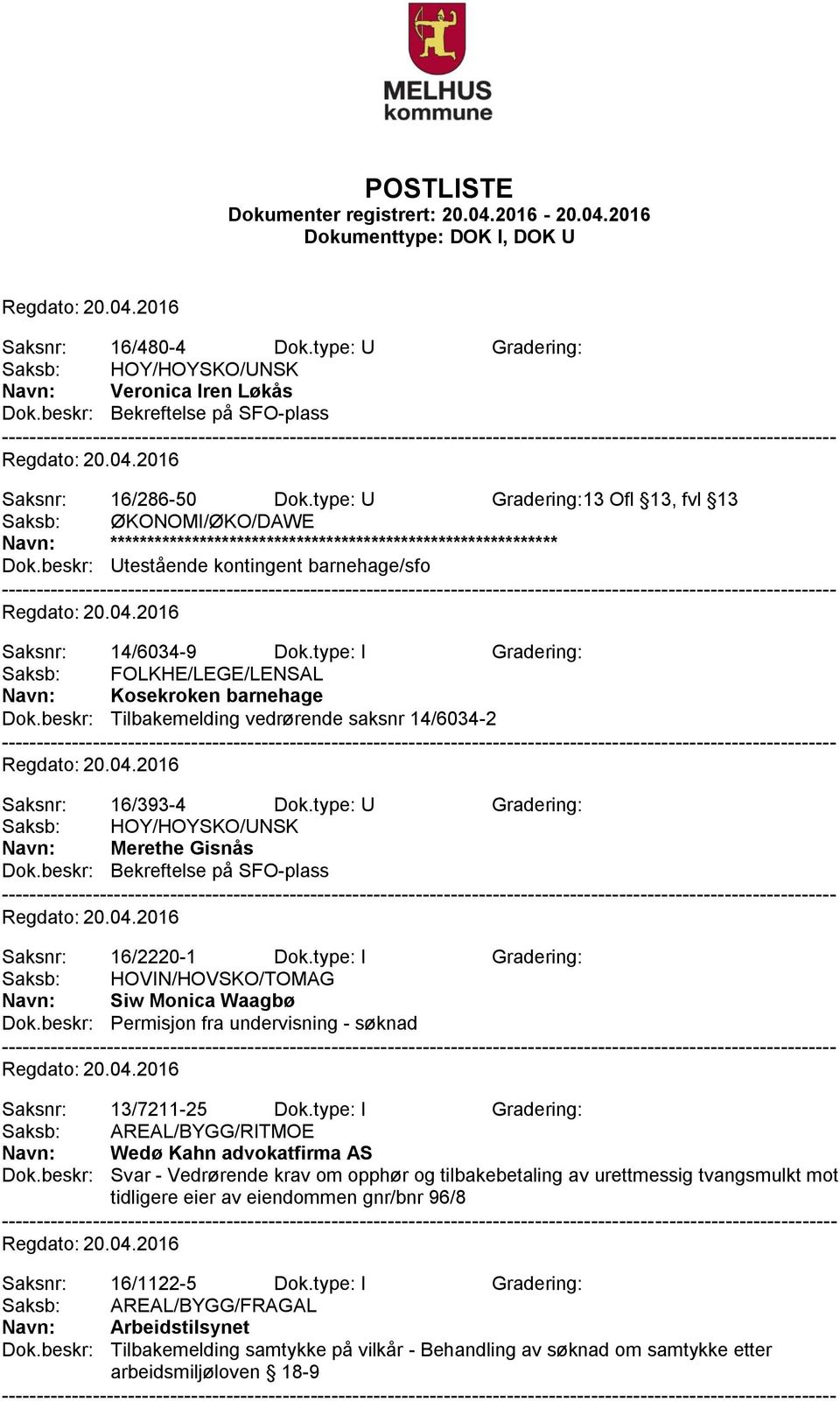 type: U Gradering: Navn: Merethe Gisnås Saksnr: 16/2220-1 Dok.type: I Gradering: Saksb: HOVIN/HOVSKO/TOMAG Navn: Siw Monica Waagbø Saksnr: 13/7211-25 Dok.