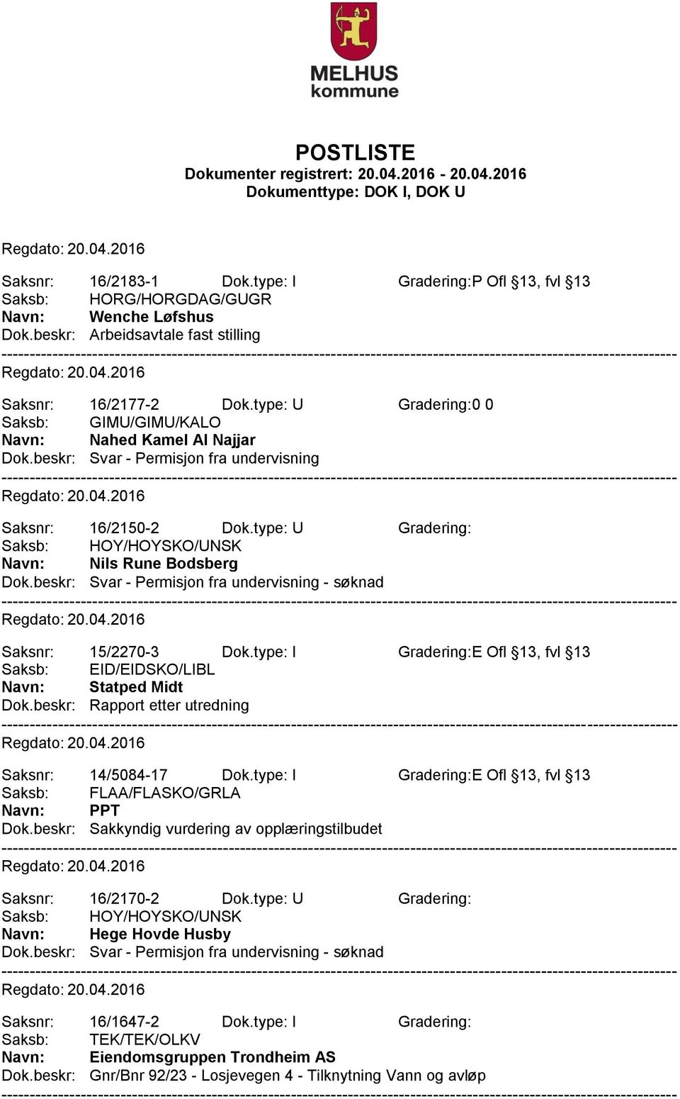 beskr: Svar - Permisjon fra undervisning - søknad Saksnr: 15/2270-3 Dok.type: I Gradering:E Ofl 13, fvl 13 Saksb: EID/EIDSKO/LIBL Navn: Statped Midt Dok.