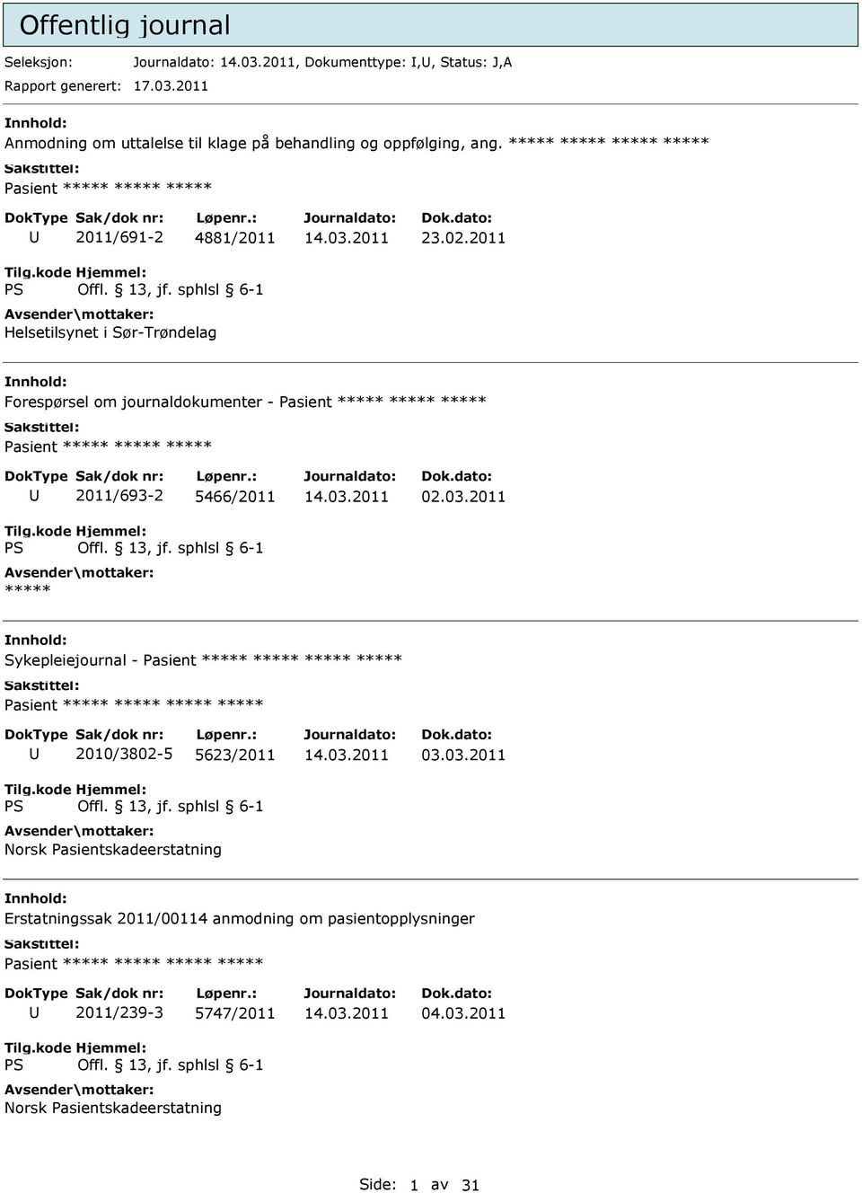 ***** ***** ***** ***** Pasient ***** ***** ***** 2011/691-2 4881/2011 Helsetilsynet i Sør-Trøndelag 23.02.