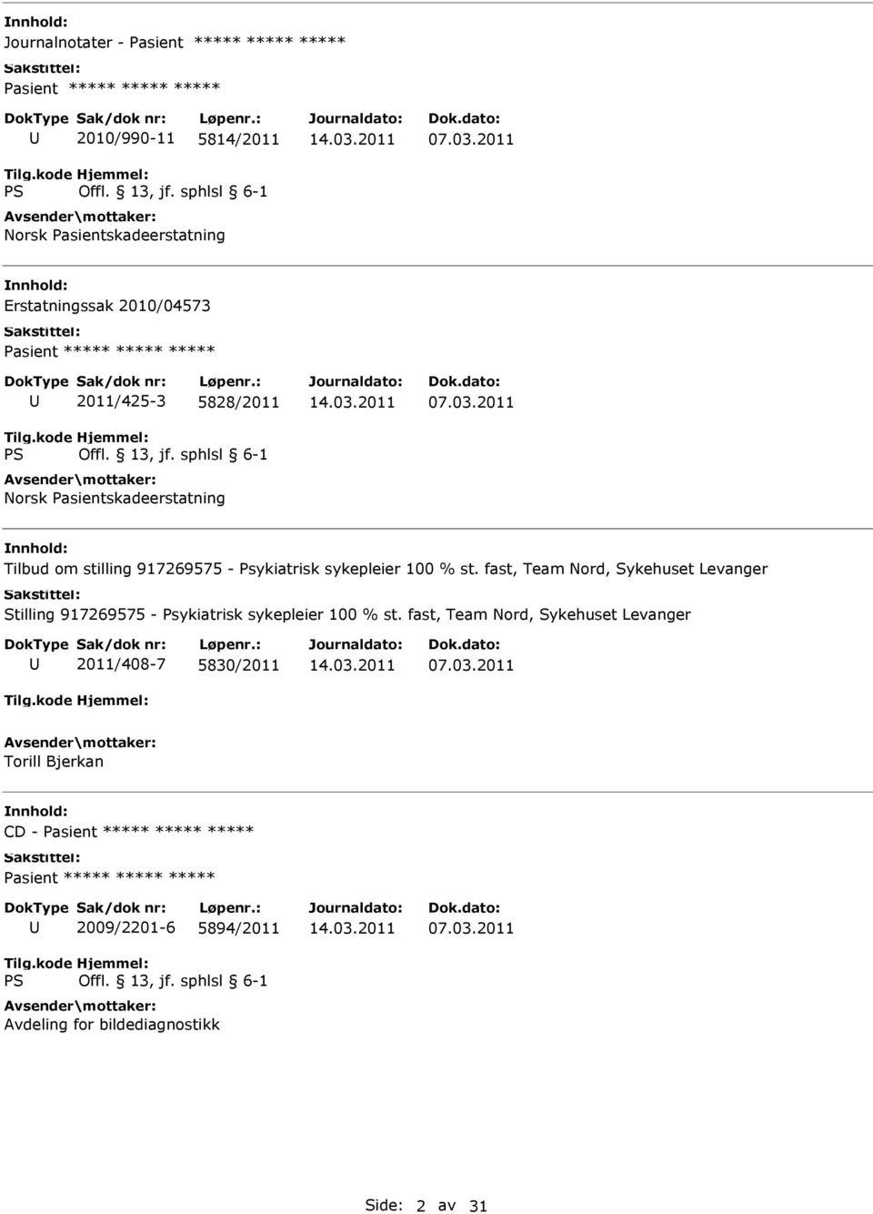 2011 Tilbud om stilling 917269575 - Psykiatrisk sykepleier 100 % st.