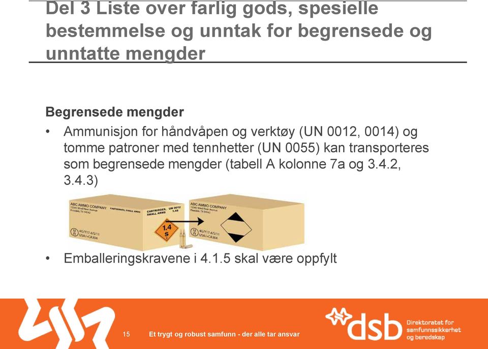 0014) og tomme patroner med tennhetter (UN 0055) kan transporteres som begrensede