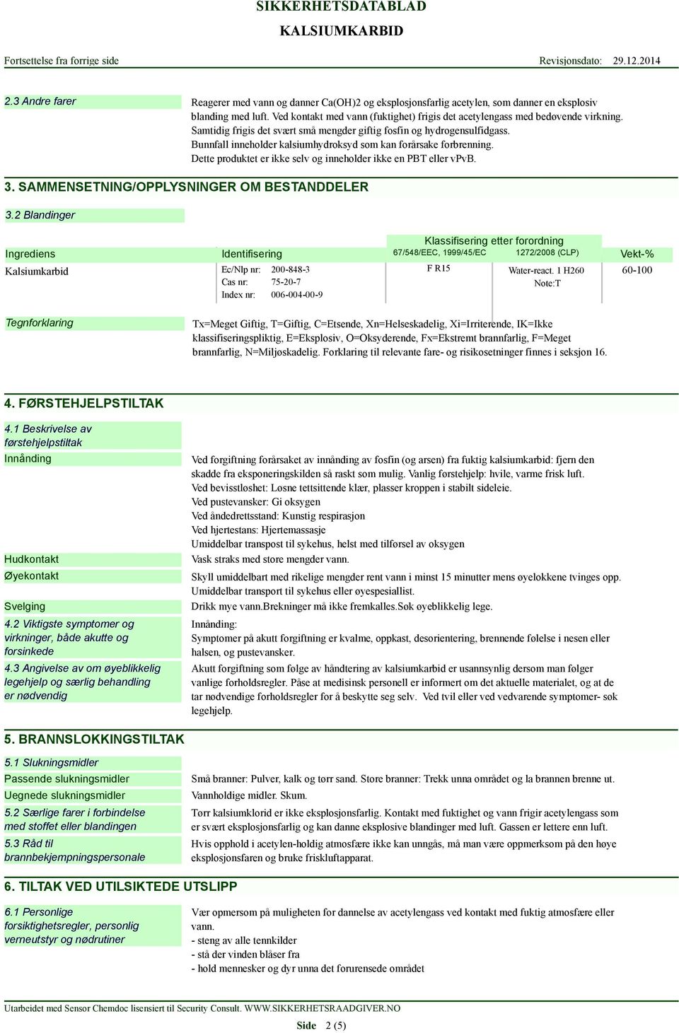 Bunnfall inneholder kalsiumhydroksyd som kan forårsake forbrenning. Dette produktet er ikke selv og inneholder ikke en PBT eller vpvb. 3. SAMMENSETNING/OPPLYSNINGER OM BESTANDDELER 3.