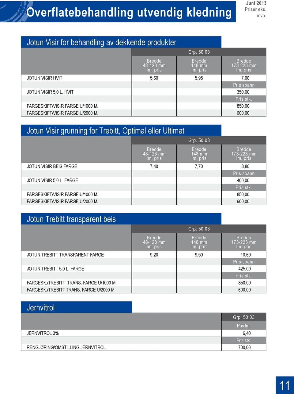 03 148 mm 173-223 mm JOTUN VISIR BEIS FARGE 7,40 7,70 8,80 Pris spann JOTUN VISIR 5,0 L. FARGE 400,00 Pris stk. FARGESKIFT/VISIR FARGE U/1000 M. 850,00 FARGESKIFT/VISIR FARGE U/2000 M.