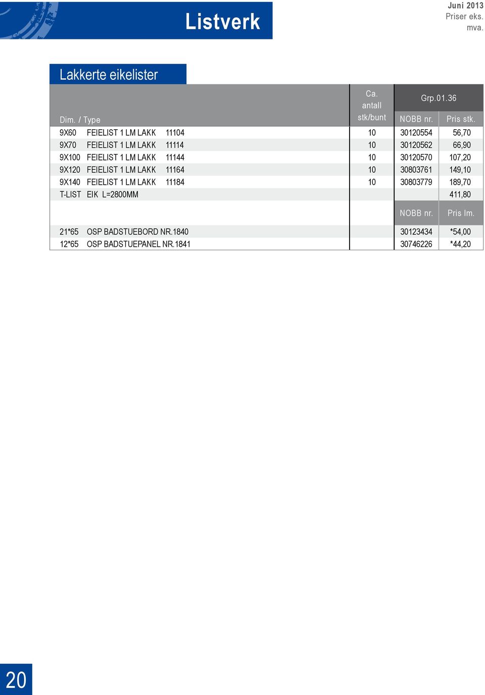 LM LAKK 11144 10 30120570 107,20 9X120 FEIELIST 1 LM LAKK 11164 10 30803761 149,10 9X140 FEIELIST 1 LM LAKK 11184