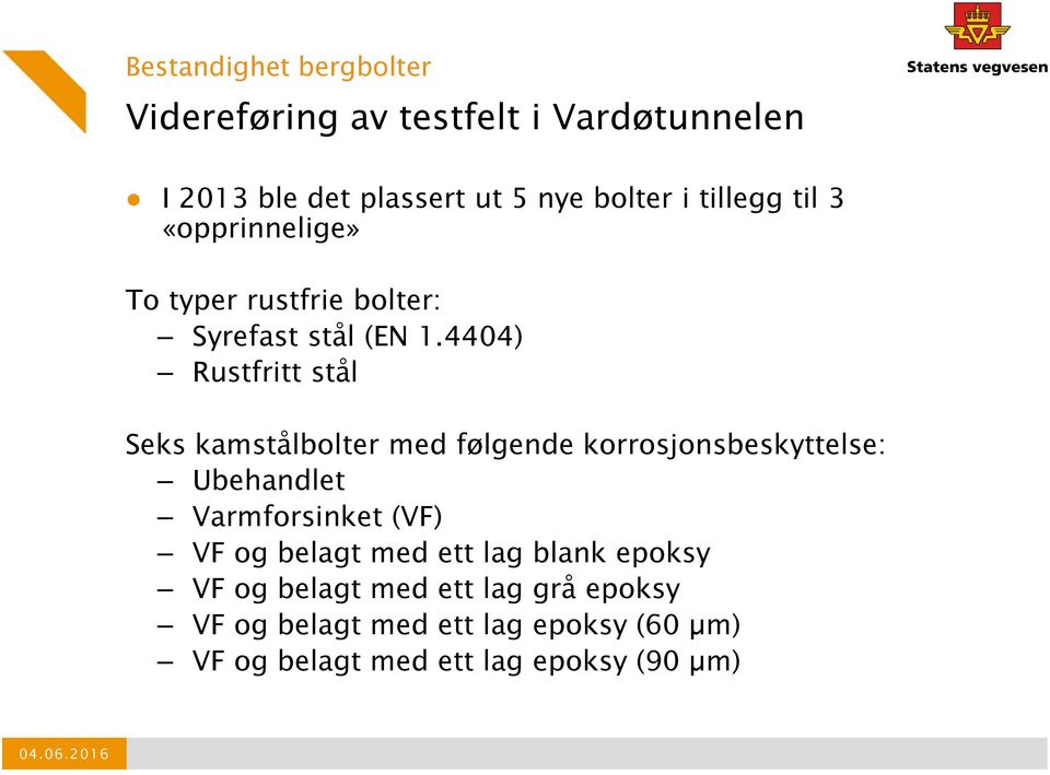 4404) Rustfritt stål Seks kamstålbolter med følgende korrosjonsbeskyttelse: Ubehandlet Varmforsinket (VF) VF