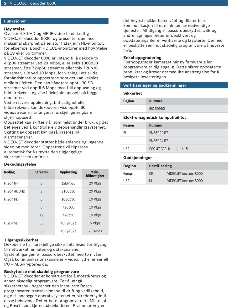 er i stand til å dekode to 4Kp30-streamer ved 20 Mbps, eller seks 1080p30- streamer, åtte 720p60-streamer eller tolv 720p30- streamer, alle ved 10 Mbps, for visning i ett av de forhåndsinnstilte