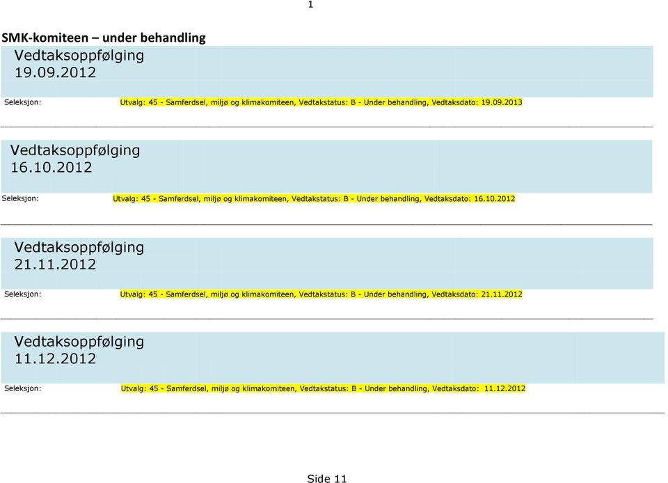 2012 Seleksjon: Utvalg: 45 - Samferdsel, miljø og klimakomiteen, Vedtakstatus: B - Under behandling, Vedtaksdato: 16.10.2012 Vedtaksoppfølging 21.11.