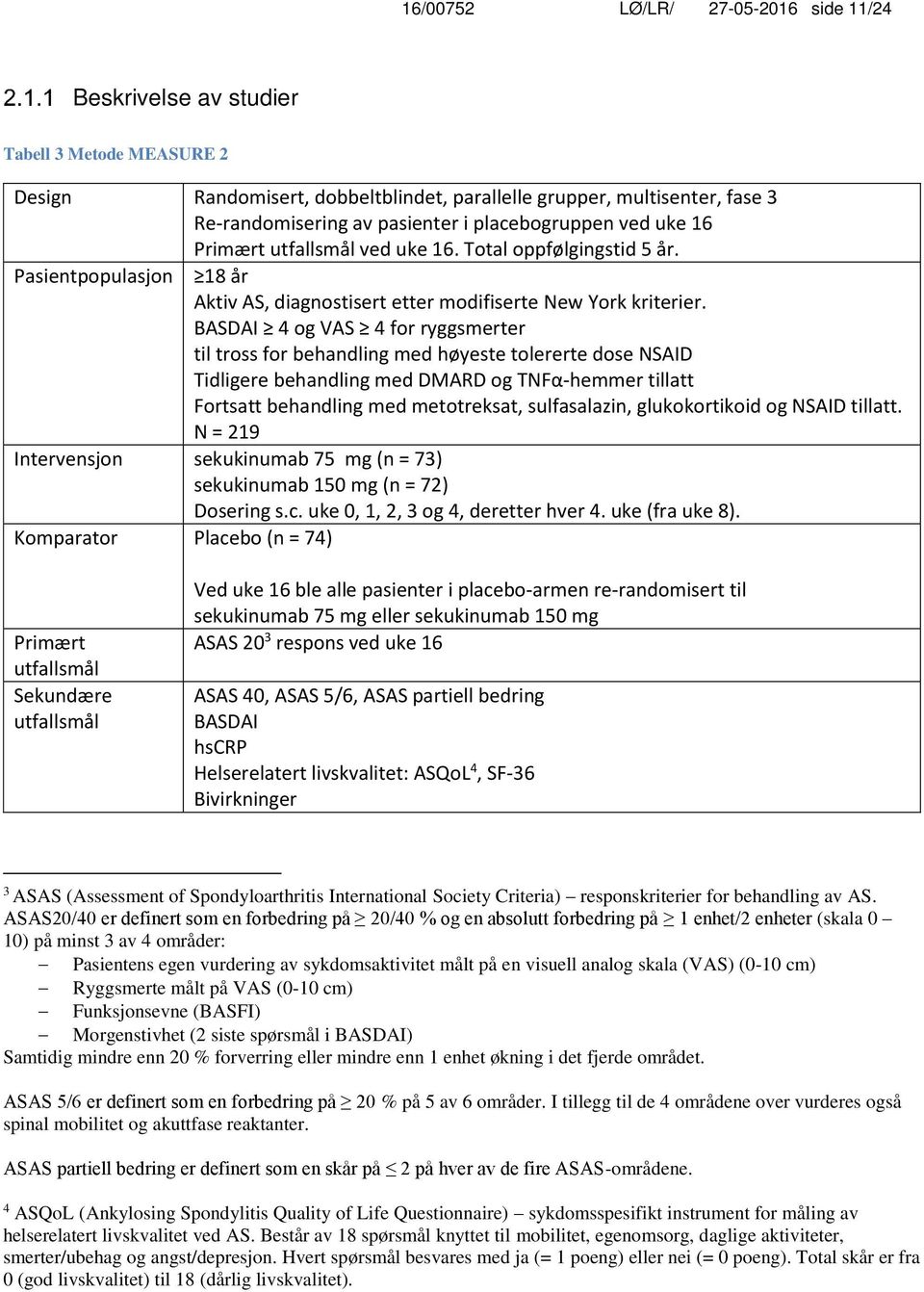 BASDAI 4 og VAS 4 for ryggsmerter til tross for behandling med høyeste tolererte dose NSAID Tidligere behandling med DMARD og TNFα-hemmer tillatt Fortsatt behandling med metotreksat, sulfasalazin,