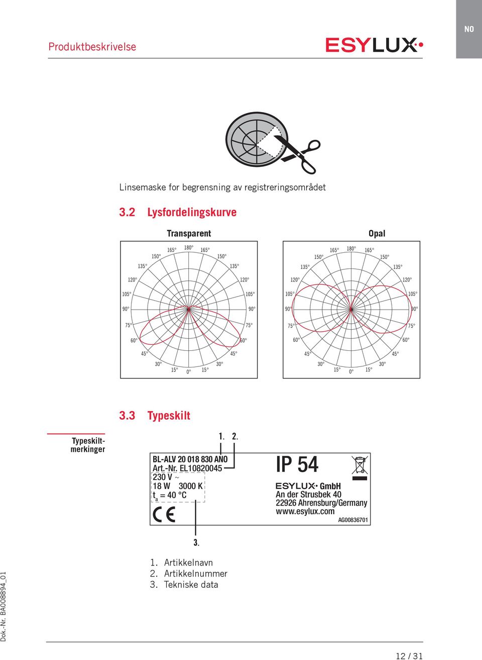 90 90 75 60 60 75 75 75 60 60 45 45 45 45 30 30 30 30 15 0 15 15 0 15 3.3 Typeskilt Typeskiltmerkinger BL-ALV 20 018 830 A Art.-Nr.