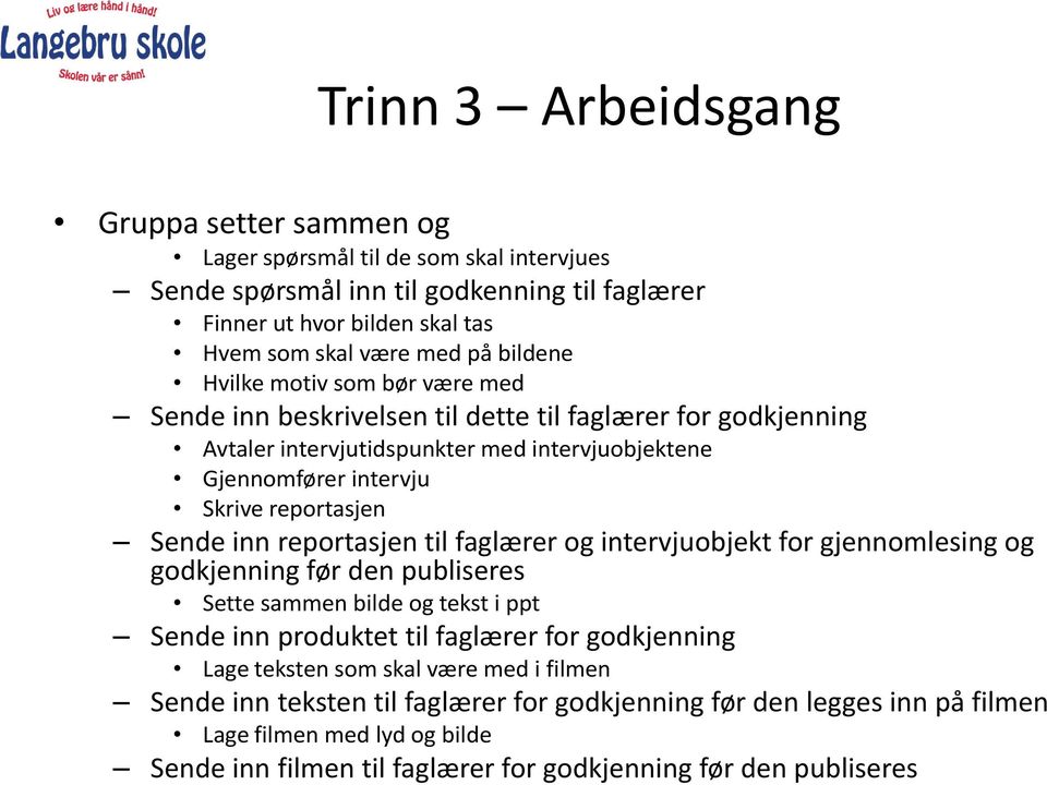 Sende inn reportasjen til faglærer og intervjuobjekt for gjennomlesing og godkjenning før den publiseres Sette sammen bilde og tekst i ppt Sende inn produktet til faglærer for godkjenning Lage