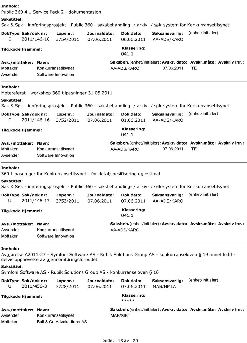 2011 Sak & Søk - innføringsprosjekt - Public 360 - saksbehandling- / arkiv- / søk-system for Konkurransetilsynet 2011/146-16 3752/2011 01.06.2011 AA-ADS/KARO 041.