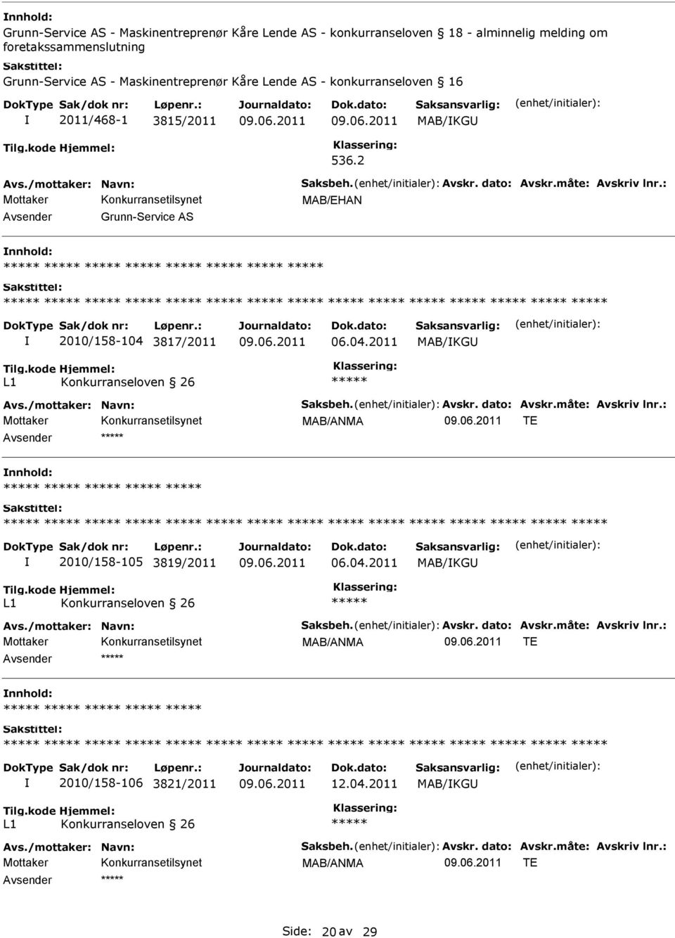 2 MAB/EHAN Avsender Grunn-Service AS 2010/158-104 3817/2011 06.04.2011 MAB/KG L1 Konkurranseloven 26 MAB/ANMA TE Avsender 2010/158-105 3819/2011 06.