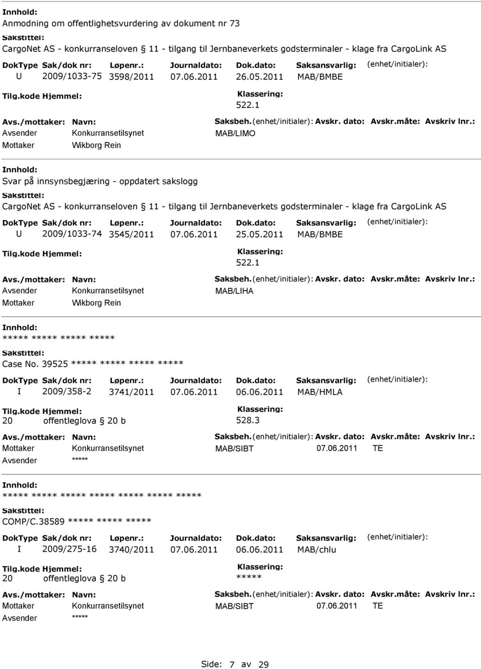 1 MAB/LMO Mottaker Wikborg Rein Svar på innsynsbegjæring - oppdatert sakslogg CargoNet AS - konkurranseloven 11 - tilgang til Jernbaneverkets godsterminaler -