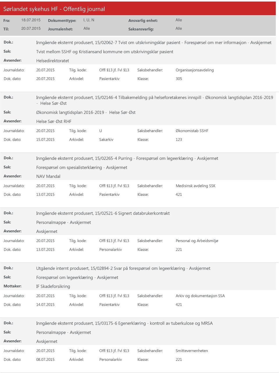 dato: Arkivdel: Pasientarkiv 305 Inngående eksternt produsert, 15/02146-4 Tilbakemelding på helseforetakenes innspill - Økonomisk langtidsplan 2016-2019 - Helse Sør-Øst Økonomisk langtidsplan